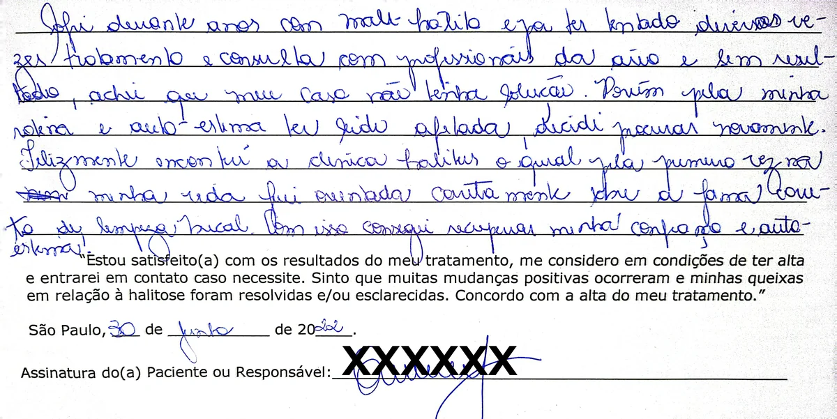 Depoimento manuscrito de paciente da Clínica Halitus