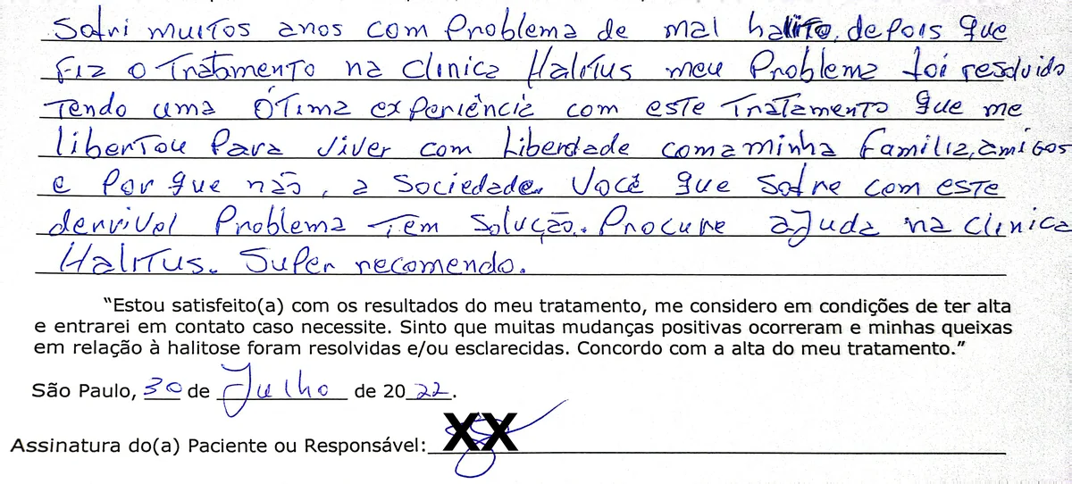 Depoimento manuscrito de paciente da Clínica Halitus