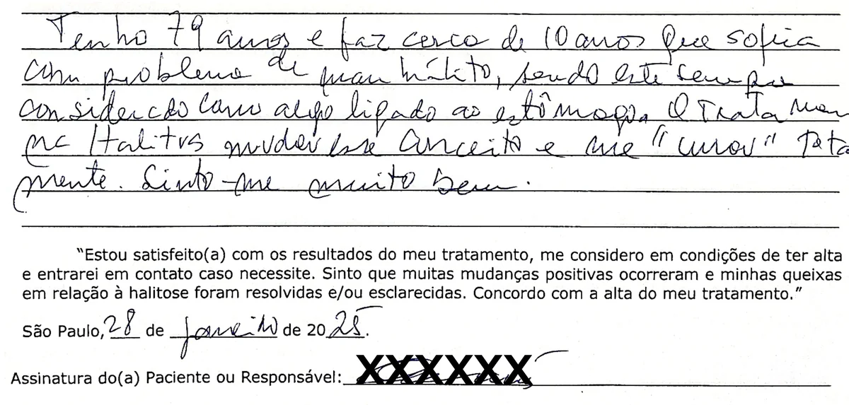 Depoimento manuscrito de paciente da Clínica Halitus