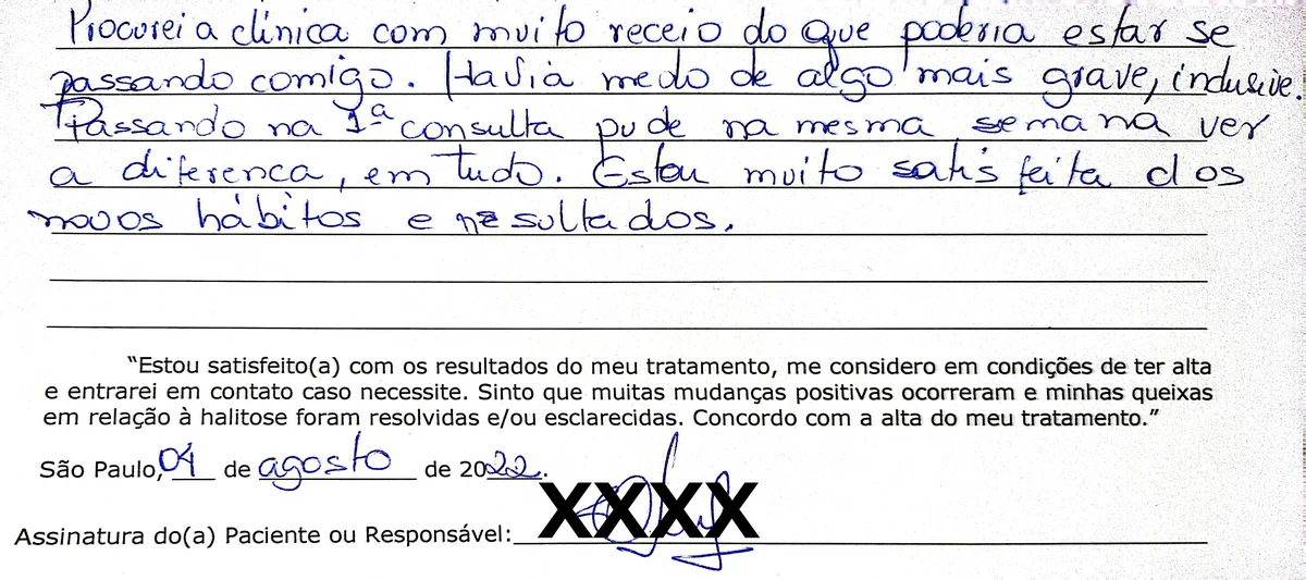 Depoimento manuscrito de paciente da Clínica Halitus