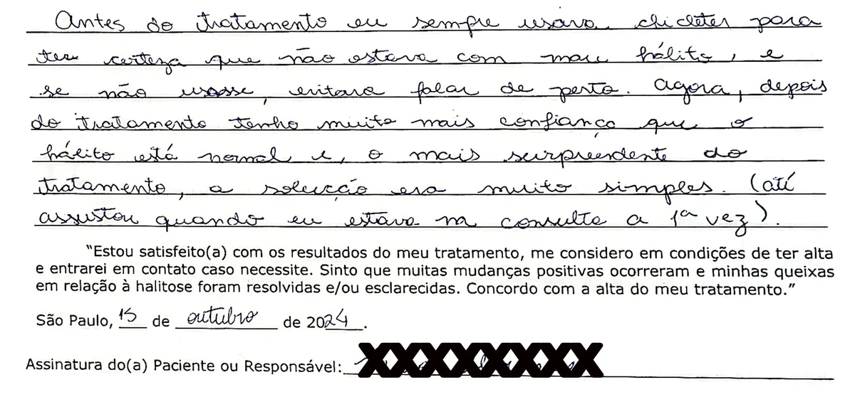 Depoimento manuscrito de paciente da Clínica Halitus