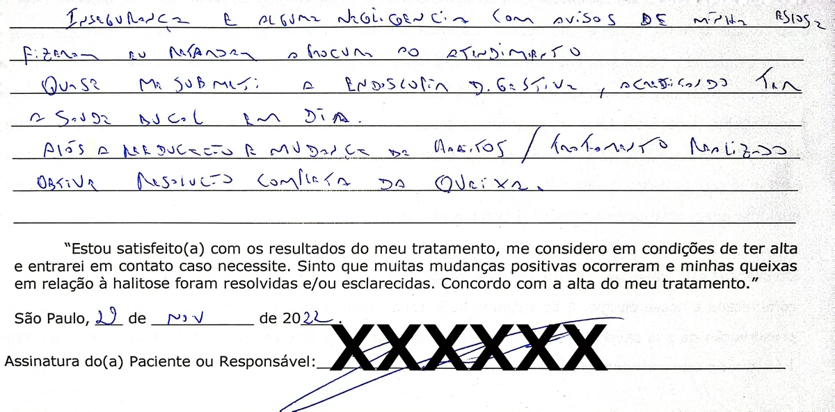 Depoimento manuscrito de paciente da Clínica Halitus