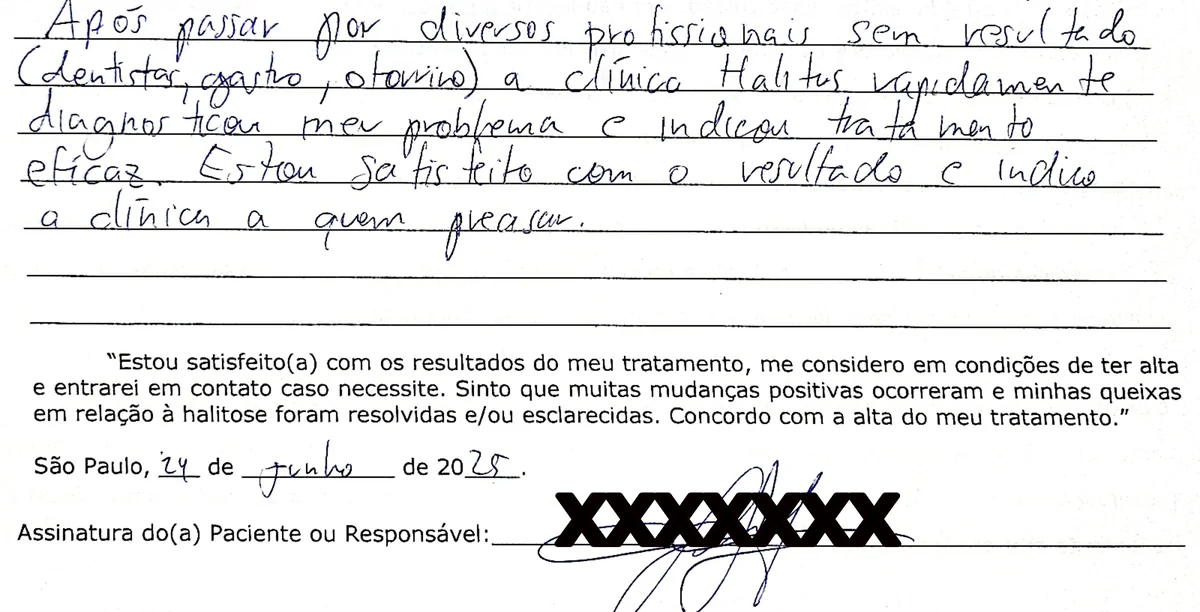 Depoimento manuscrito de paciente da Clínica Halitus