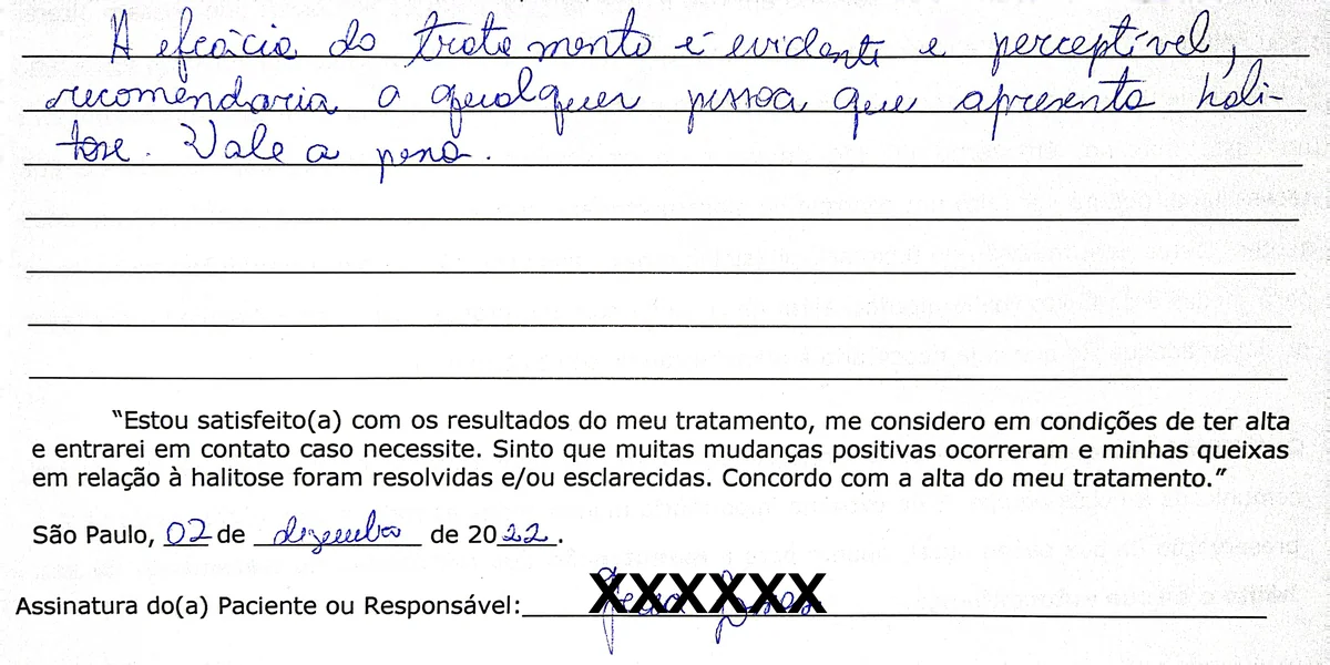Depoimento manuscrito de paciente da Clínica Halitus