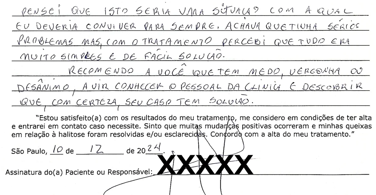 Depoimento manuscrito de paciente da Clínica Halitus