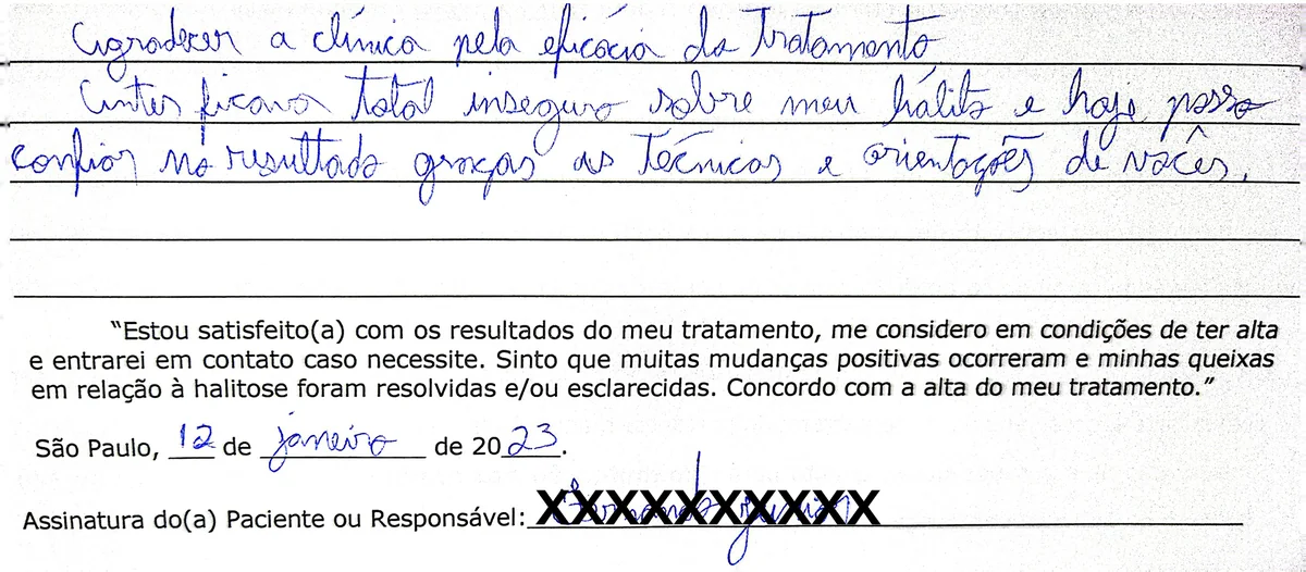 Depoimento manuscrito de paciente da Clínica Halitus