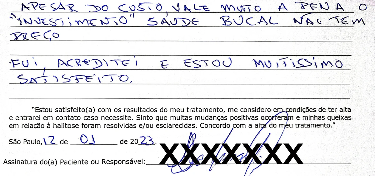 Depoimento manuscrito de paciente da Clínica Halitus