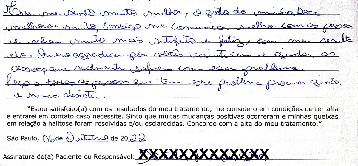Depoimento manuscrito de paciente da Clínica Halitus