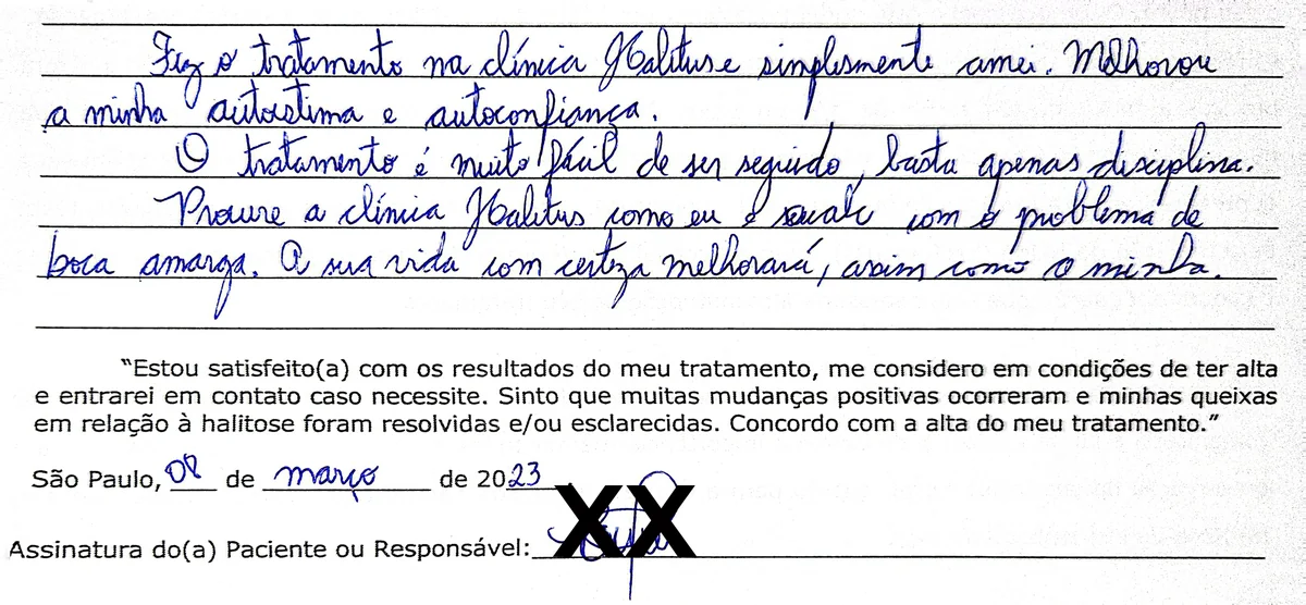Depoimento manuscrito de paciente da Clínica Halitus