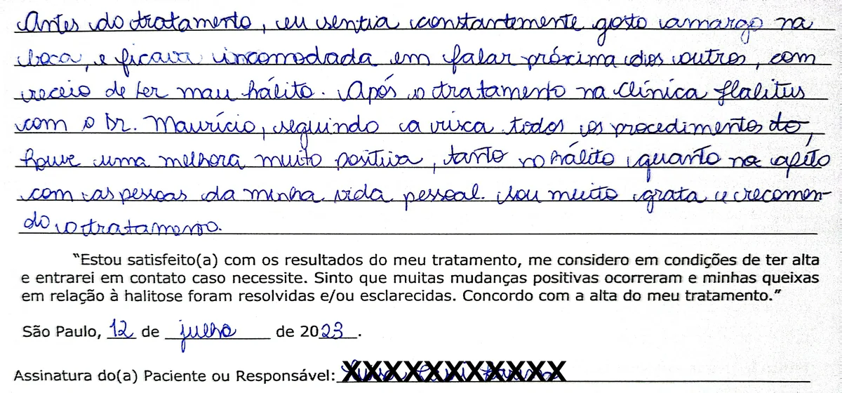 Depoimento manuscrito de paciente da Clínica Halitus