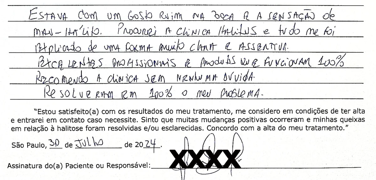 Depoimento manuscrito de paciente da Clínica Halitus