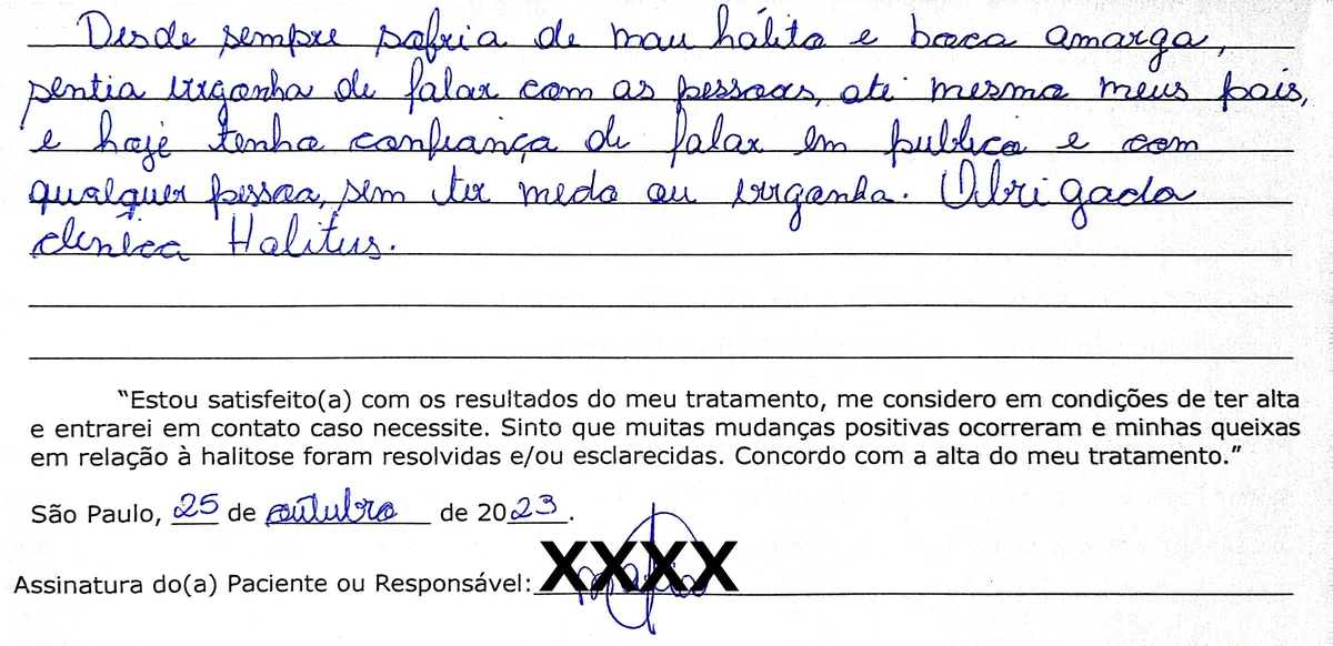 Depoimento manuscrito de paciente da Clínica Halitus