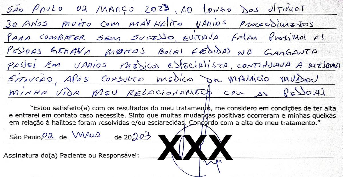 Depoimento manuscrito de paciente da Clínica Halitus