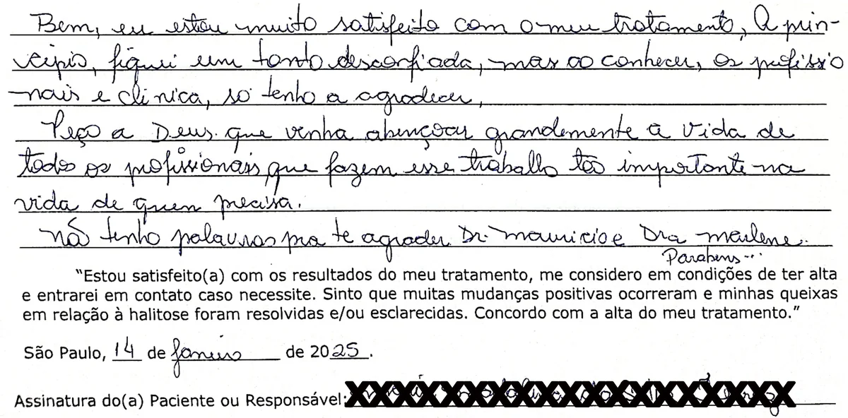 Depoimento manuscrito de paciente da Clínica Halitus