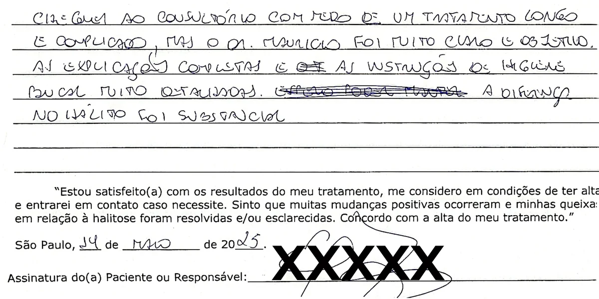 Depoimento manuscrito de paciente da Clínica Halitus