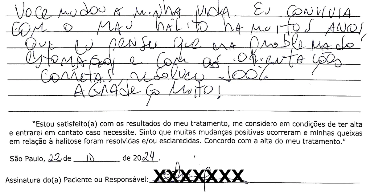 Depoimento manuscrito de paciente da Clínica Halitus