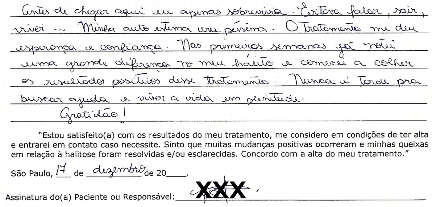 Depoimento manuscrito — Paciente atendida, Maio de 2025