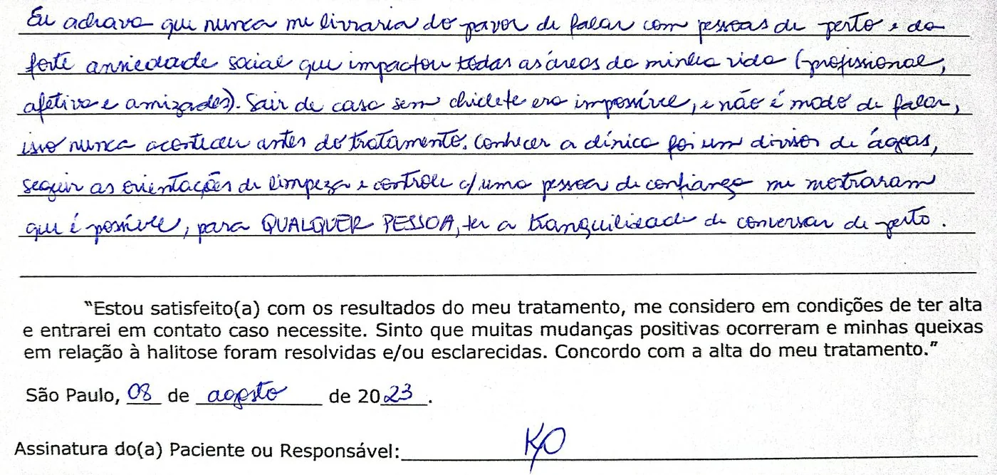 Depoimento manuscrito — Paciente atendida, Novembro de 2021