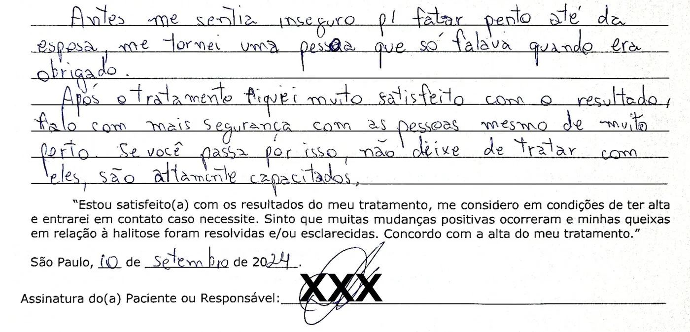 Depoimento manuscrito — Paciente atendida, Agosto de 2023