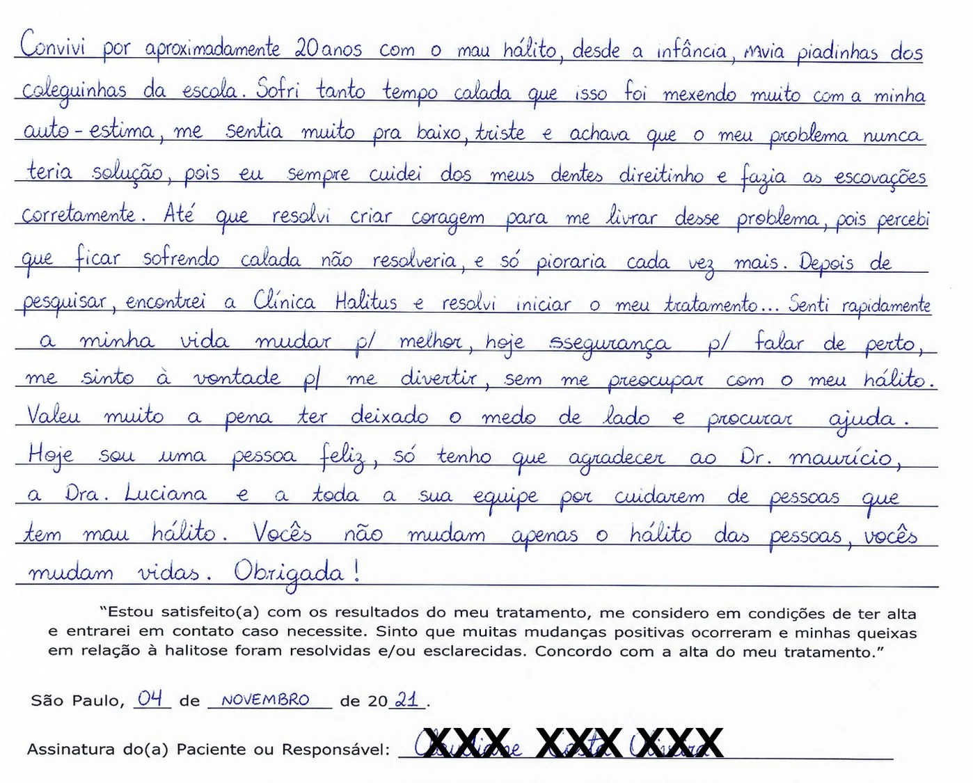 Depoimento manuscrito — Paciente atendido, Setembro de 2024