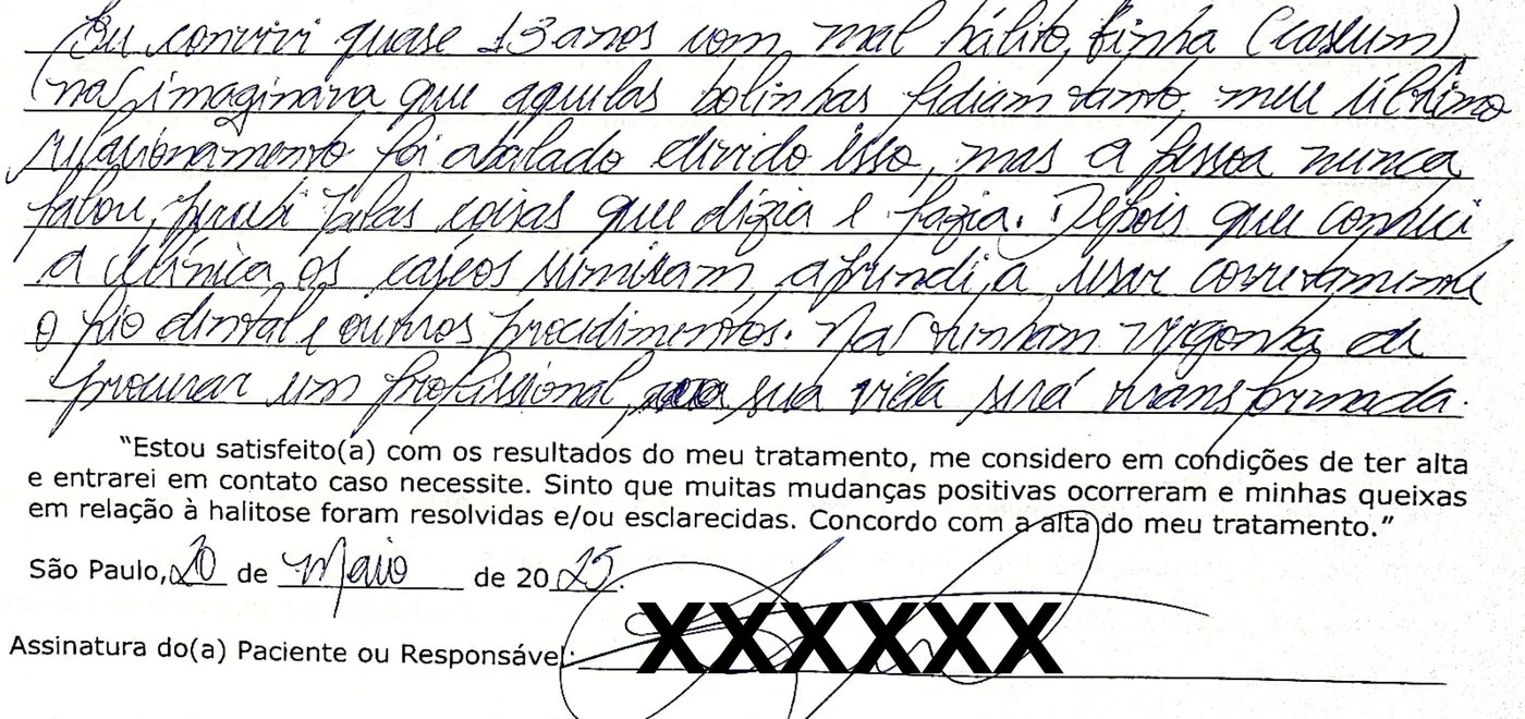 Depoimento manuscrito — Paciente atendida, Dezembro de 2024