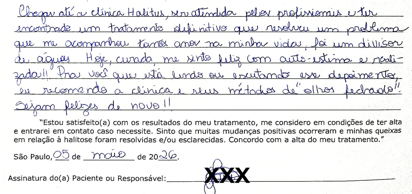 Depoimento manuscrito — Paciente atendida, Maio de 2026